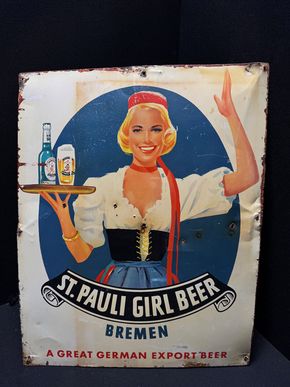 St. Pauli Girl Beer - Bremen - Pin Up Blechschild  48 x 38 cm - D 1958