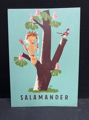 Salamander Werbepappe (30 x 21 cm) von Franz Weiss - Engel im Baum mit Vogel Motiv (50er Jahre / selten)