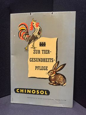 Chinosol Blechschild - Zur Tier- Gesundheitspflege - Hahn - Hase - 30 x 21cm - D um 1955