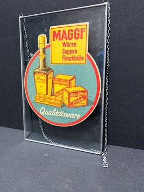 Maggi Glaswerbeschild im Metallrahmen mit Kette (1930/1950 - Eingangstürschild)