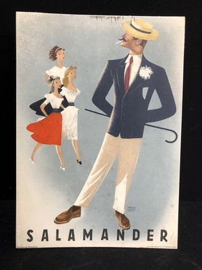 Salamander Werbepappe (30 x 21 cm) von Franz Weiss - 3 Mädchen & ein Casanova Motiv (50er Jahre / selten)