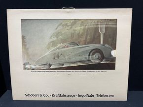 Schöberl & Co. Kraftfahrzeuge Ingolstadt / Pappkalenderrückwand mit Adler Sportwagen (1937)