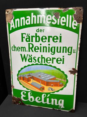 Färberei chem. Reinigung und Wäscherei Ebeling (Gewölbtes Emailleschild von großer Seltenheit)