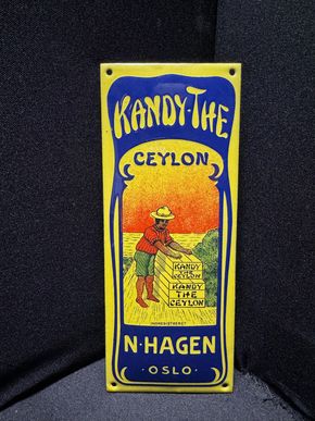 Kandy The Ceylon Oslo Emailschild / Türschild 8 x 20 cm - Norwegen um 1930