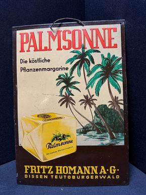 Palmsonne Pflanzenmargarine Blechschild - Homann 36 x 25 cm D - um 1950