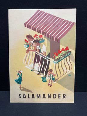 Salamander Werbepappe (30 x 21 cm) von Franz Weiss - Familie auf Balkon Motiv (50er Jahre / selten)