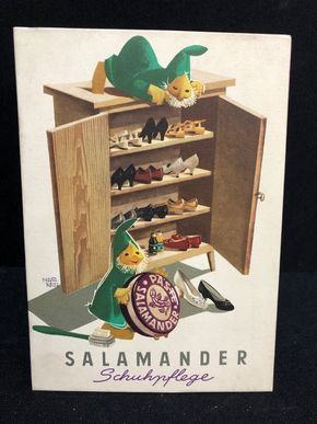 Salamander Werbepappe (14,5 x 10,5 cm) von Franz Weiss - Zwerge am Schuhschrank Motiv (50er Jahre / selten)