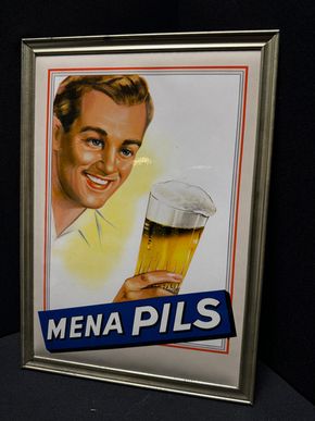 Mena Pils - Gerahmtes Imoglasschild / Glacoid - Bier - 35 24 cm - Belgien um 1954