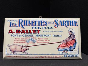 Rillettes de la sarthe Blechschild / Imoglasschild - Rilletten vom Schwein- Brotaufstrich - 27 x 14 cm - F um 1930/50