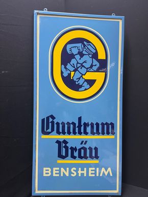 Guntrum Bräu Bensheim (Fantastisches Emailleschild im emaillierten Rahmen - 1930/1950)