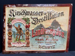 Jos. Landtwing Schwyz - Kirschwasser Destillation (Geprägtes Blechschild 1898/1900 / Schweiz)