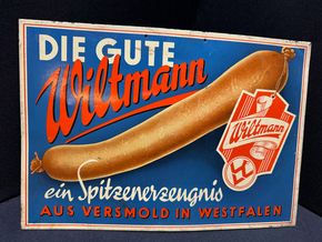 Altes Blechschild - Die gute Wiltmann Wurst - Versmold Westfalen 35 x 25 cm D um 1955