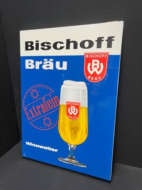 Bischoff Bräu Winnweiler - Stark abgekantetes Emailleschild (Um 1965)