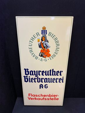 Bayreuther Bierbrauerei AG - Flaschenbier-Verkaufsstelle (Abgekantetes Emailleschild um 1965)